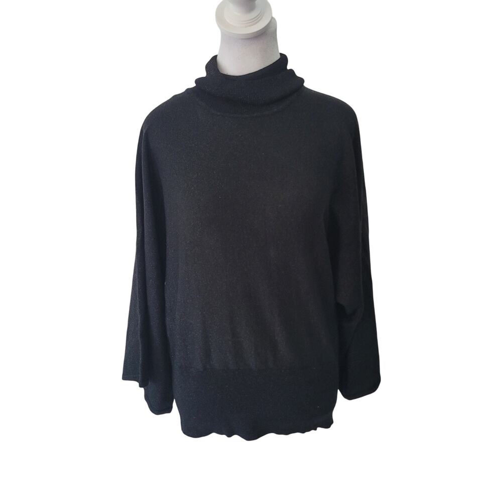 Chico’s Size 1‎ US M Metallic Black Dolman Turtleneck Modern Minimalist Shimmer